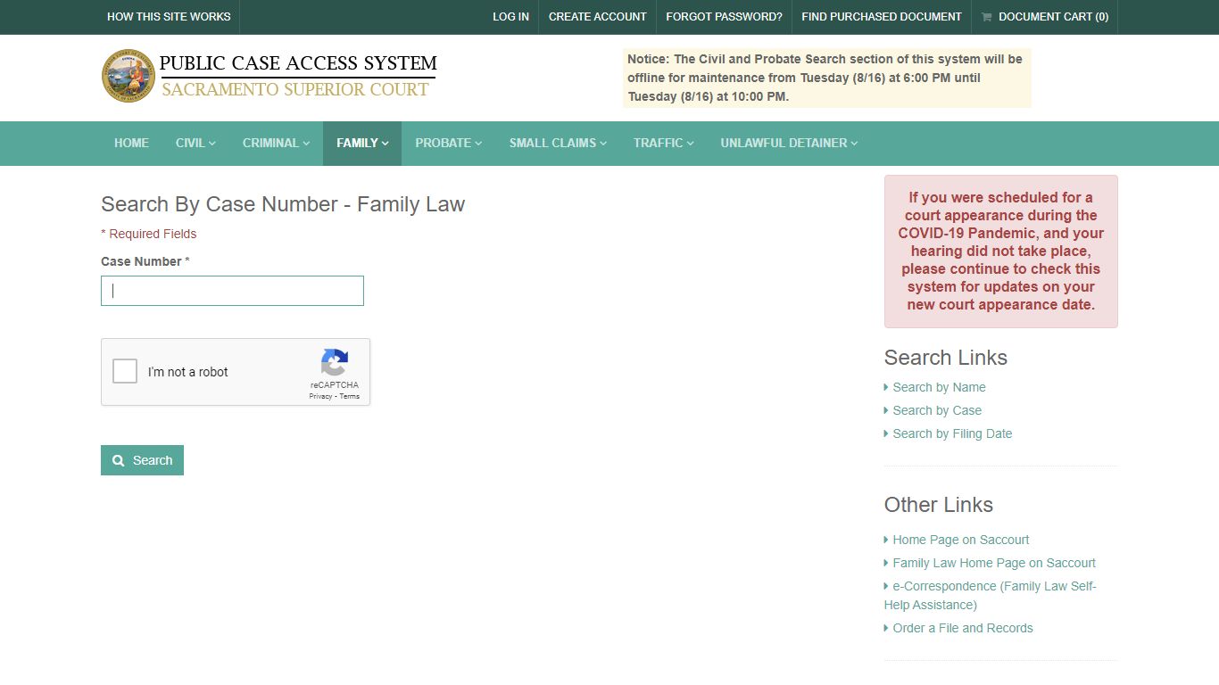 Search By Case Number - Court Services: Authorized Access Only