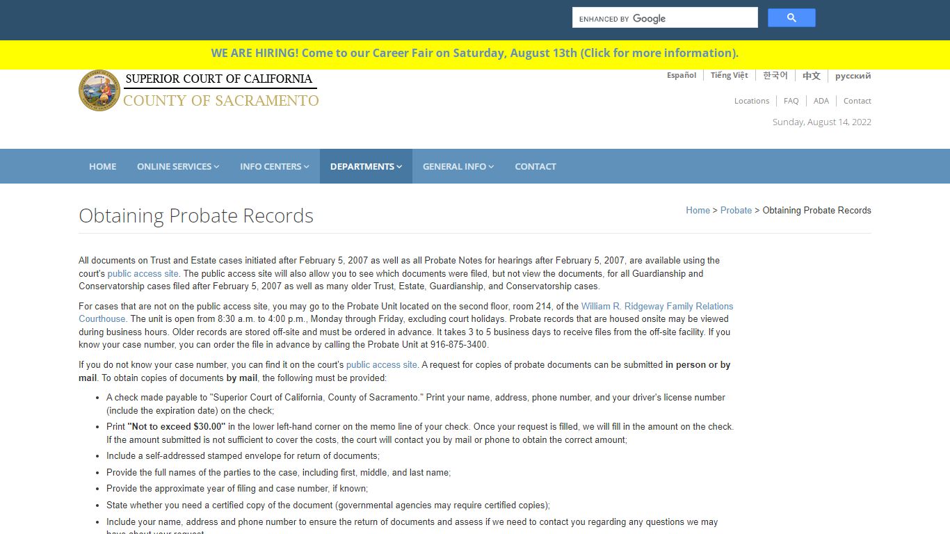 Probate Records: Sacramento Superior Court