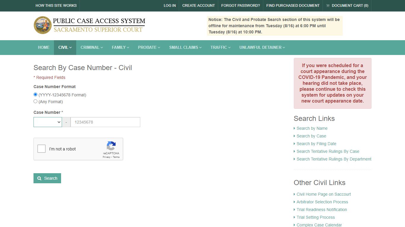 Search By Case Number - Court Services: Authorized Access Only